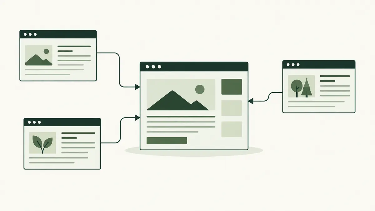 Three article pages link to a central business webpage.
