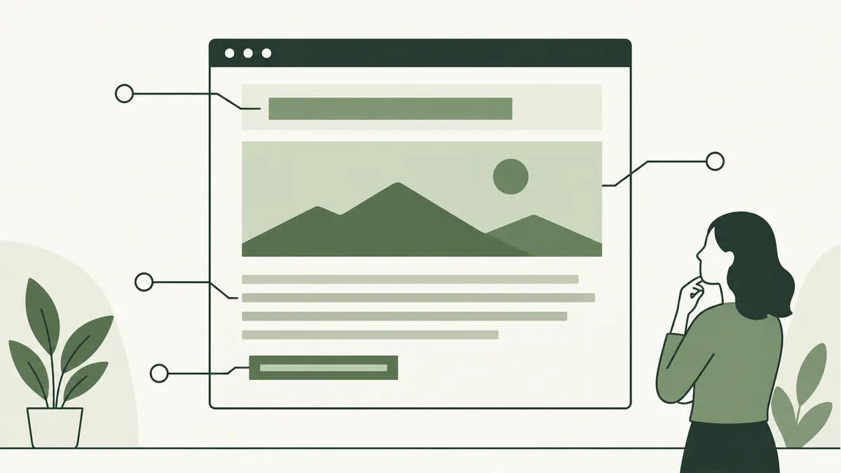 A webpage with its heading, image, content and link marked for review.