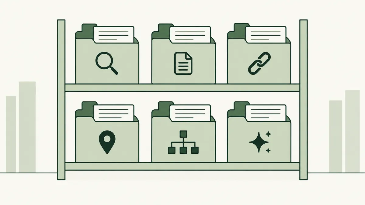 Six folders organise guides about search, content, links, local search, technical SEO and AI.